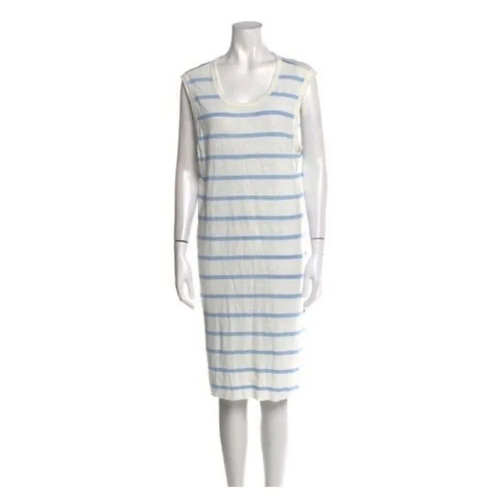 james perse Authentic 100% linen white blue striped tank Knee dress 4 large